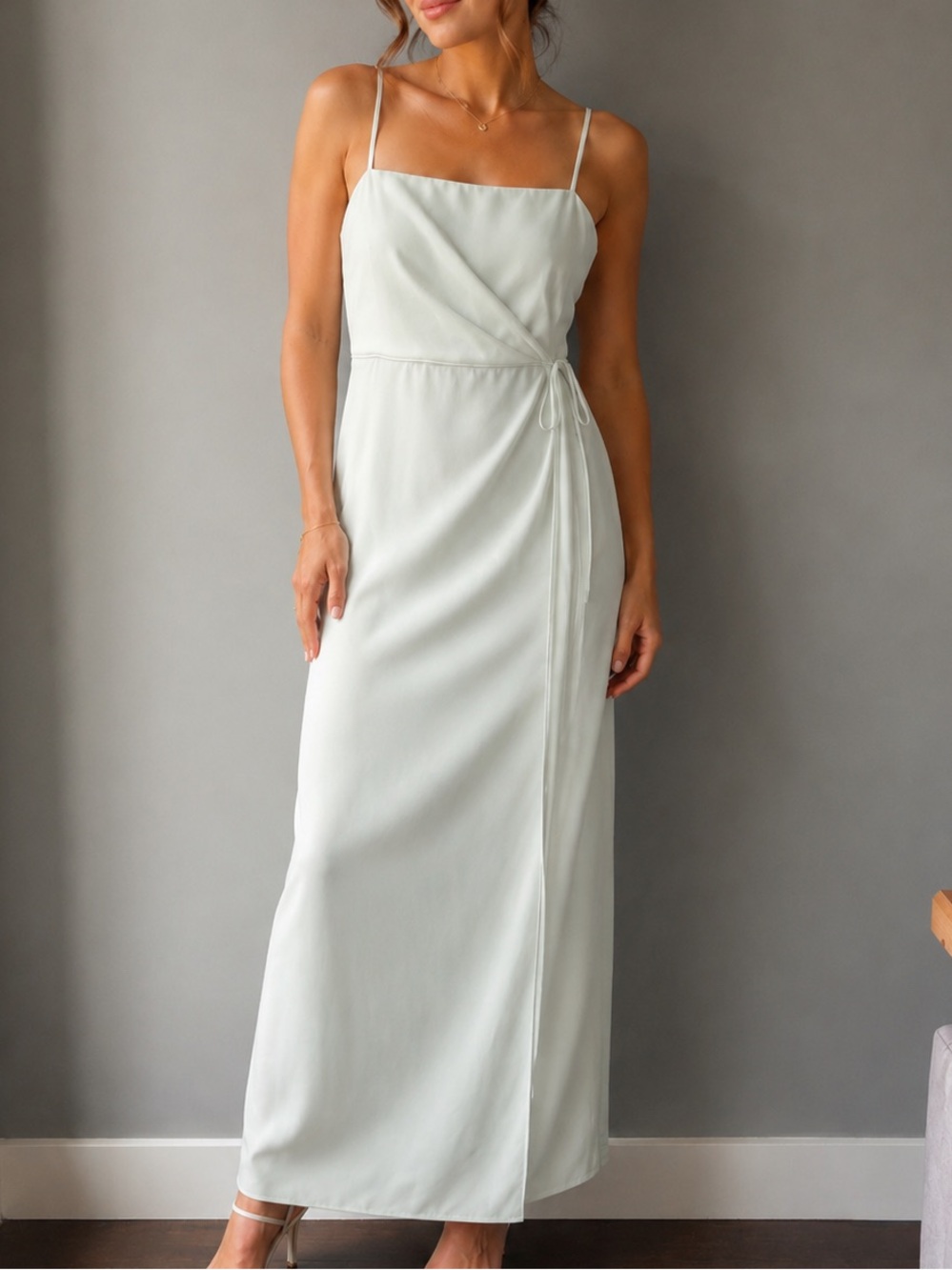 Subtle Mint Green Tone Satin Maxi Dress | Strappy Wrap Front | Tie Waist